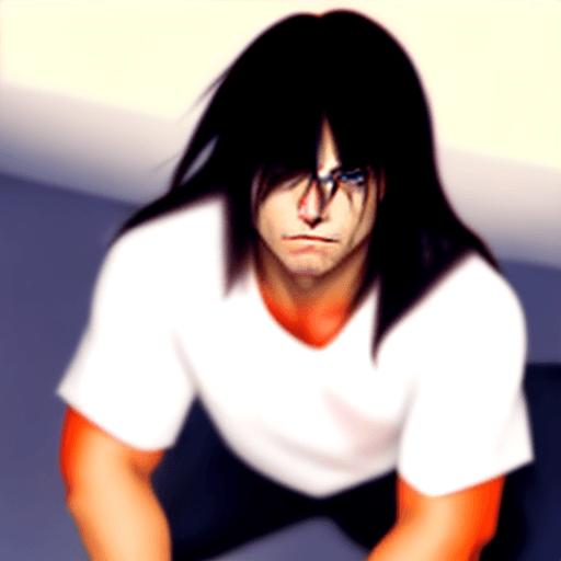AI generated: 1boy, attractive, red_pupils, black_hair, long_hair, messy_hair, bangs, hair_between_eyes, stubble, ...