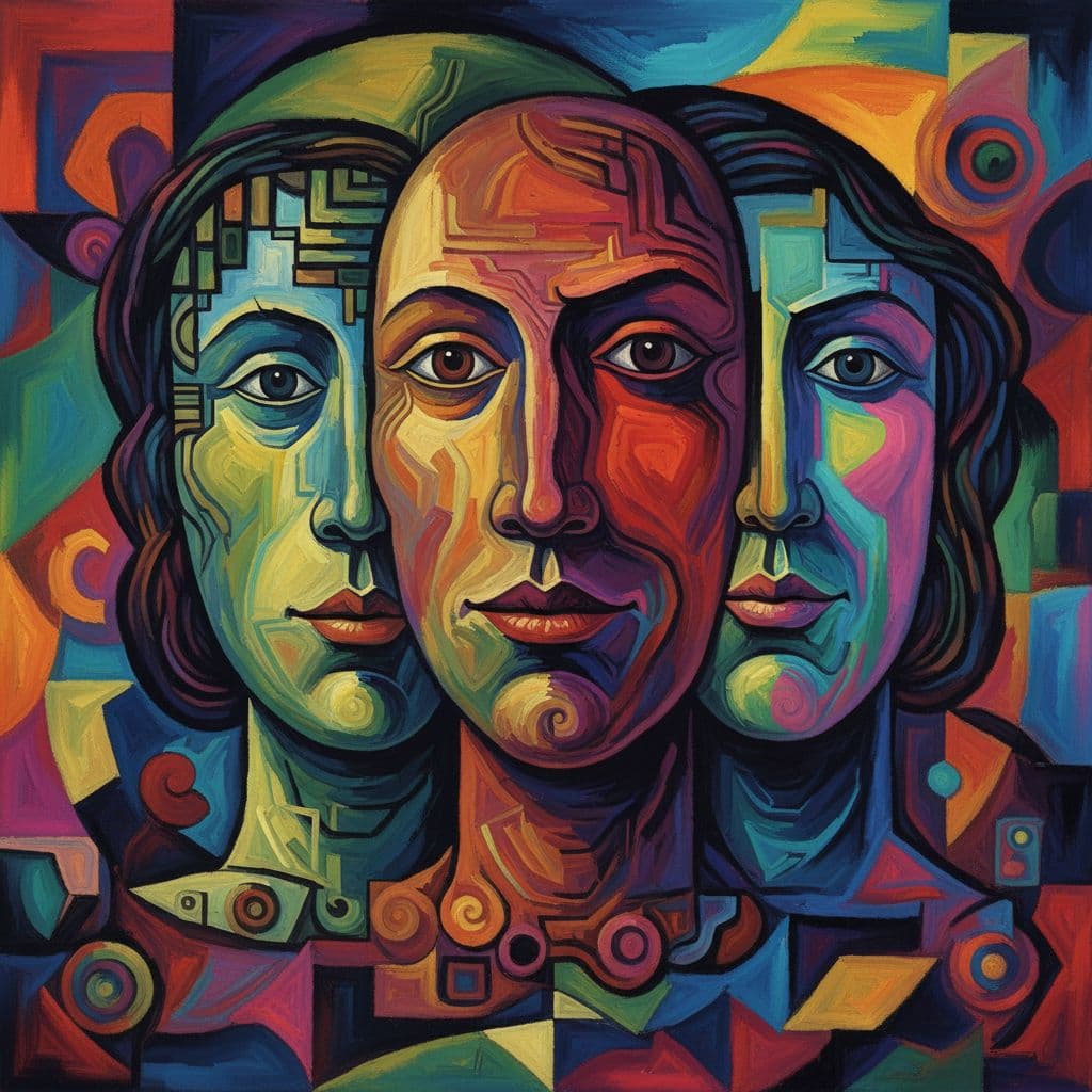 AI generated: In the style of three faces inside of one head by Pablo Picasso, extremely detailed colorful digital...