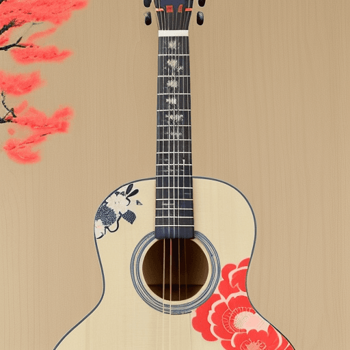 AI generated: Acoustic guitar with kanji characters: "Generate an image of a beautiful acoustic guitar with Japane...