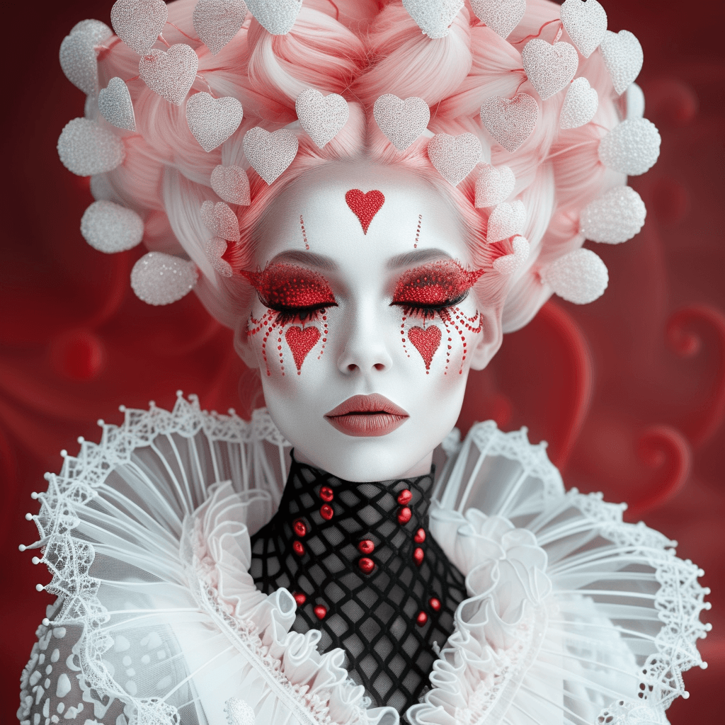 AI generated: https://s.mj.run/0WSFxbSZP5s a woman with make up in the shape of hearts, white black and pink, intr...