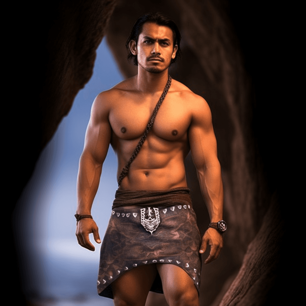 AI generated: Very handsome man, dark complexion, dark long hair, thirty years old, He wears a short loin cloth, M...