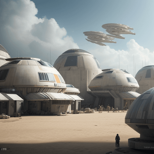 AI generated: A Star Wars movie scene set on the planet Scarif, a large spaceport with various spaceships parked i...