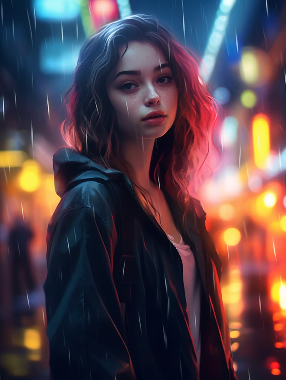 AI generated: a girl in street, in a rainy night, neon lights, hyper realistico rendering, nighttime, wide angle l...