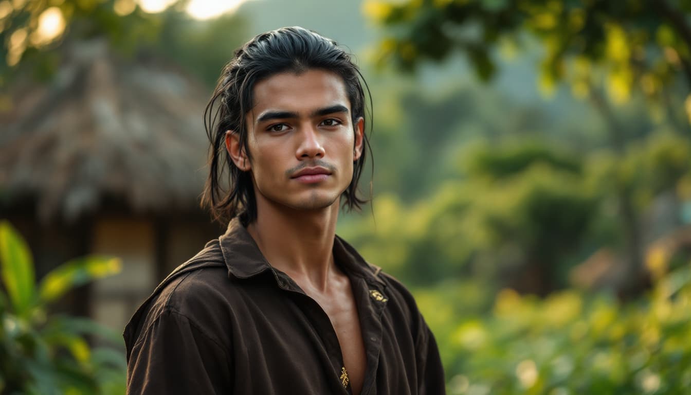 AI generated: A handsome young man from Javanese tribe with a firm but gentle face, wearing simple village clothes...