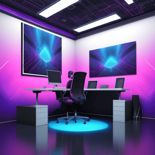 AI generated: Virtual futuristic 3 D corner resembling a digital art studio with floating canvases and image and v...