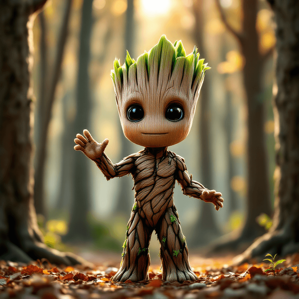 AI generated: baby groot, standing in forest, flipping you off