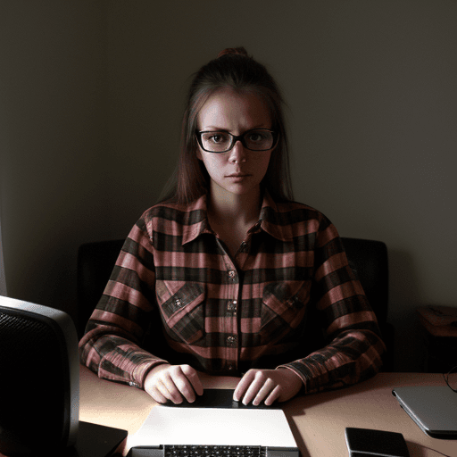AI generated: 32 year old russian girl, lumberjack shirt, sitting in front of computer, glasses, rawboned, darker ...