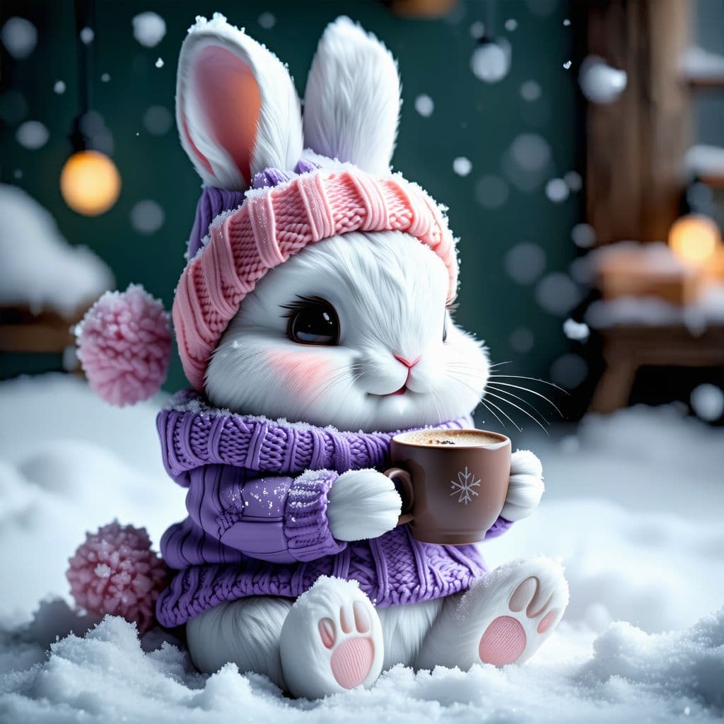 AI generated: A small, light purple-and-white bunny wearing a purple sweater and pink knitted hat,and holding a co...