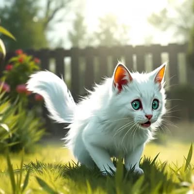 AI generated video: A cute white fluffy cat is running in hurry, shocked,  in a garden 