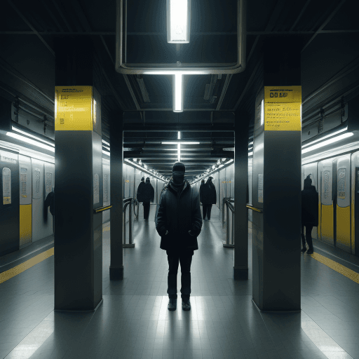AI generated: create an image of a person standing alone in a subway station, under a single bright fluorescent li...