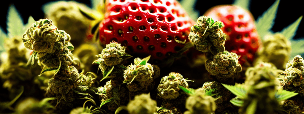 AI generated: Strawberry Mimosa marijuana strain, epic scale cinematic full body marijuana goddess character conce...