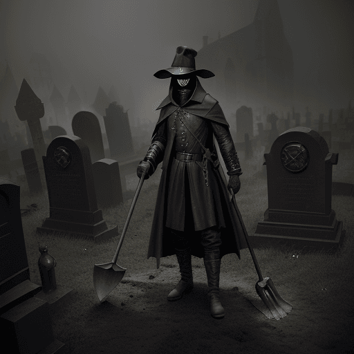 AI generated: 17th century Plague doctor, graveyard, fog, Hat, mask, leather, holding a shovel, highly detailed, E...