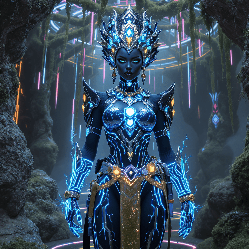 AI generated: vibranium utility belt, moss pathways”: “Elite Ceremonial Afrofuturist warrior queen in a vibranium ...