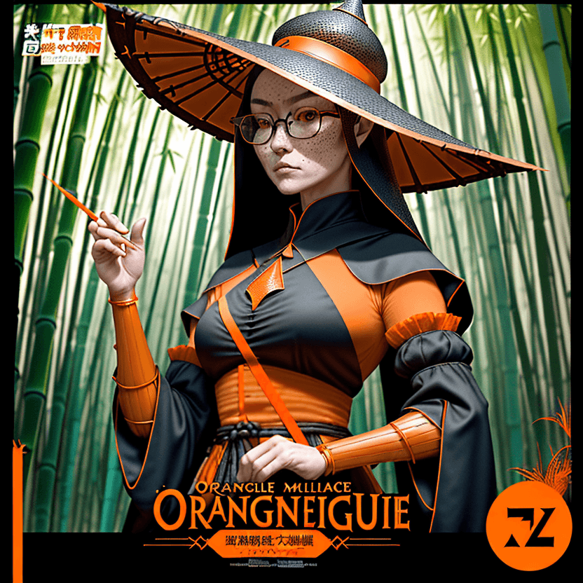 AI generated: . orange glass. movie poster, musculine female character in black,asian cone-shaped bamboo hat, medi...