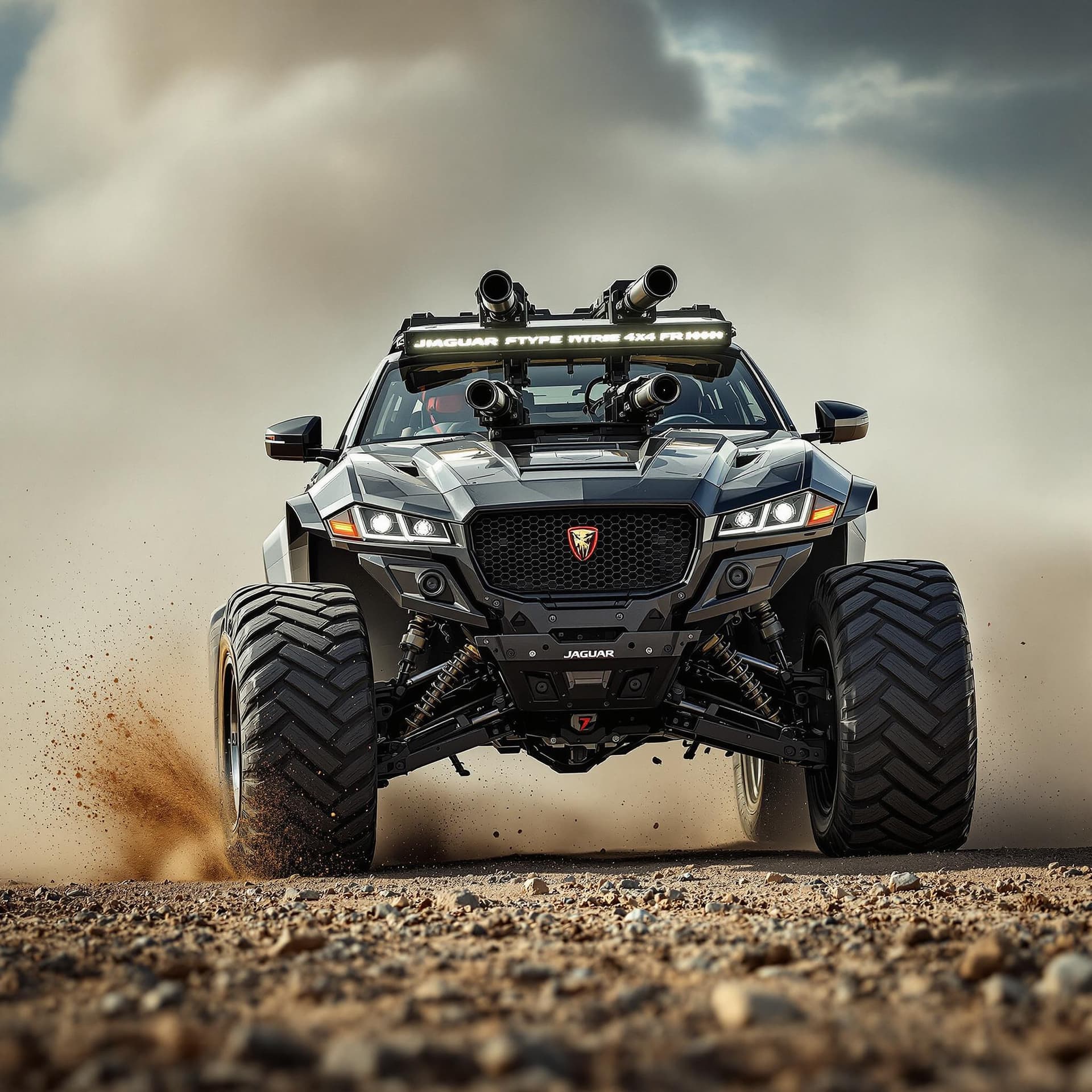 AI generated: photography, sports shooting, dynamic range, dynamic motion with jaguar ftype 4x4 Monster Truck driv...