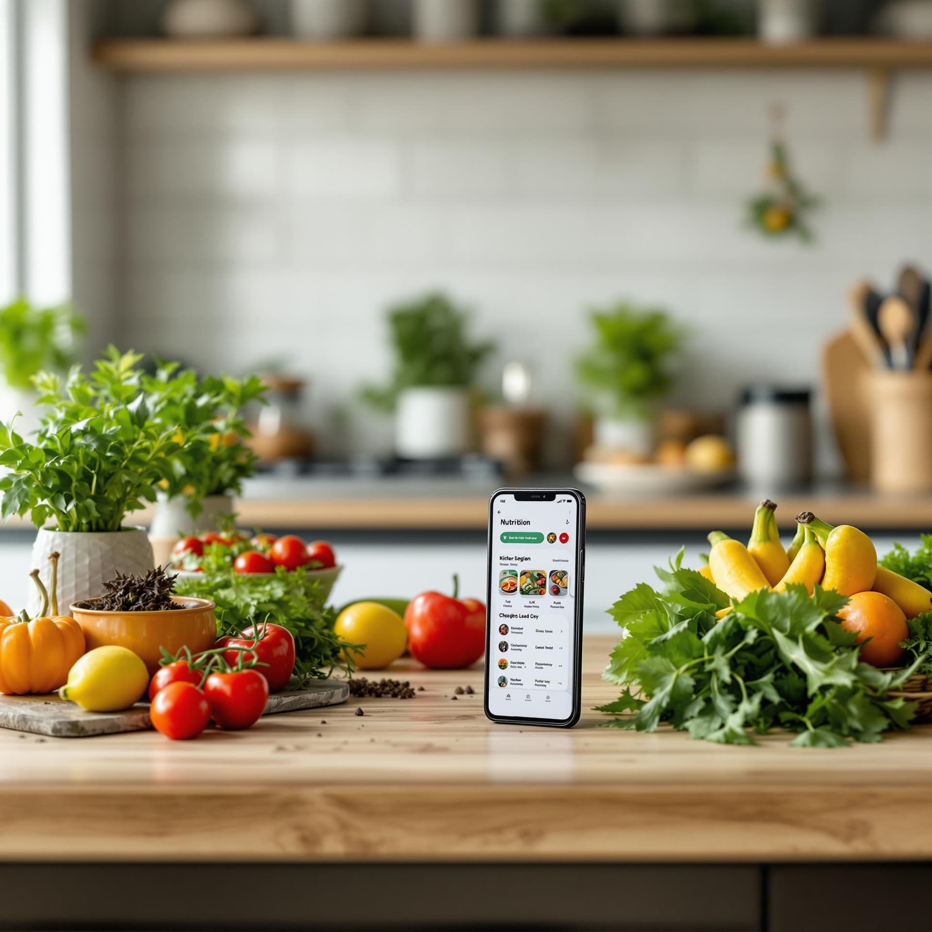 AI generated: A kitchen counter with fresh herbs, fruits, and a smartphone showing a nutrition plan. dslr, ultra q...