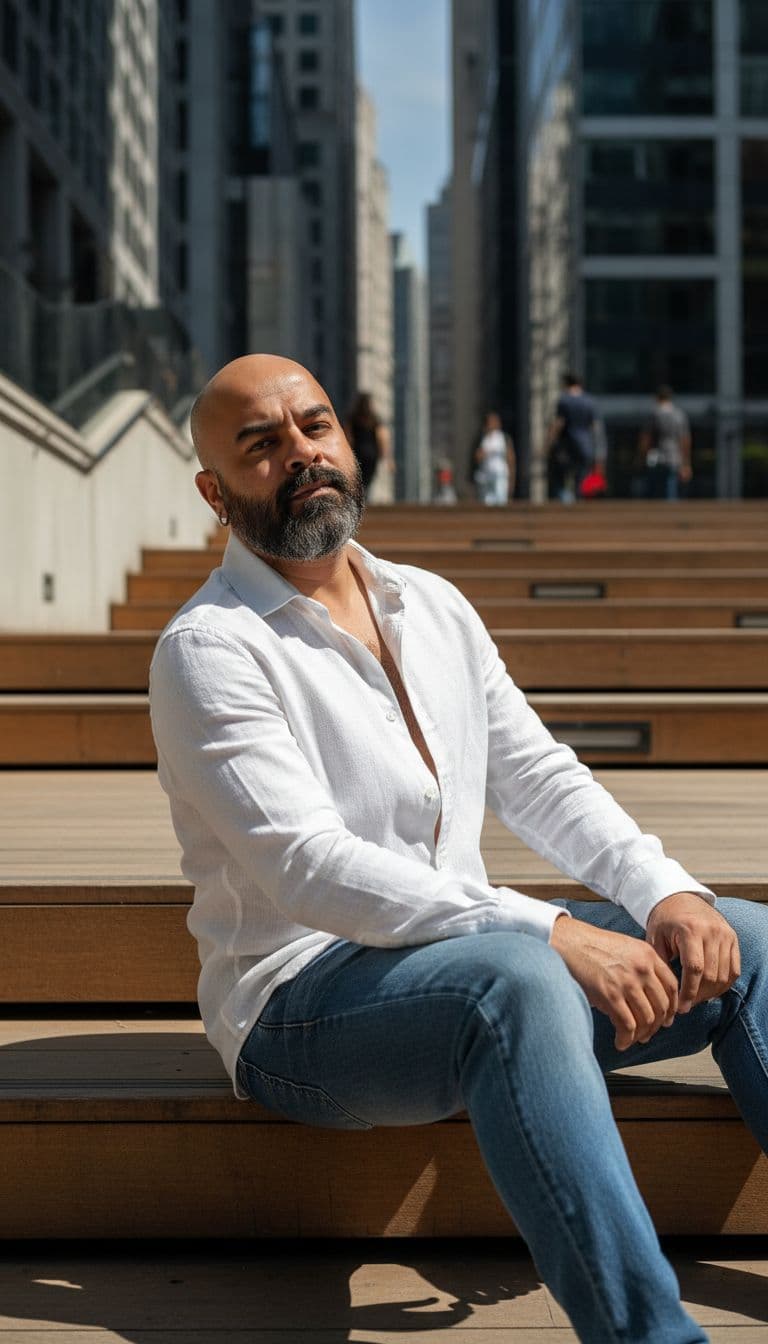 AI generated: Outdoor shot of a man (referencing the uploaded photo for the man's appearance/character) sitting ca...