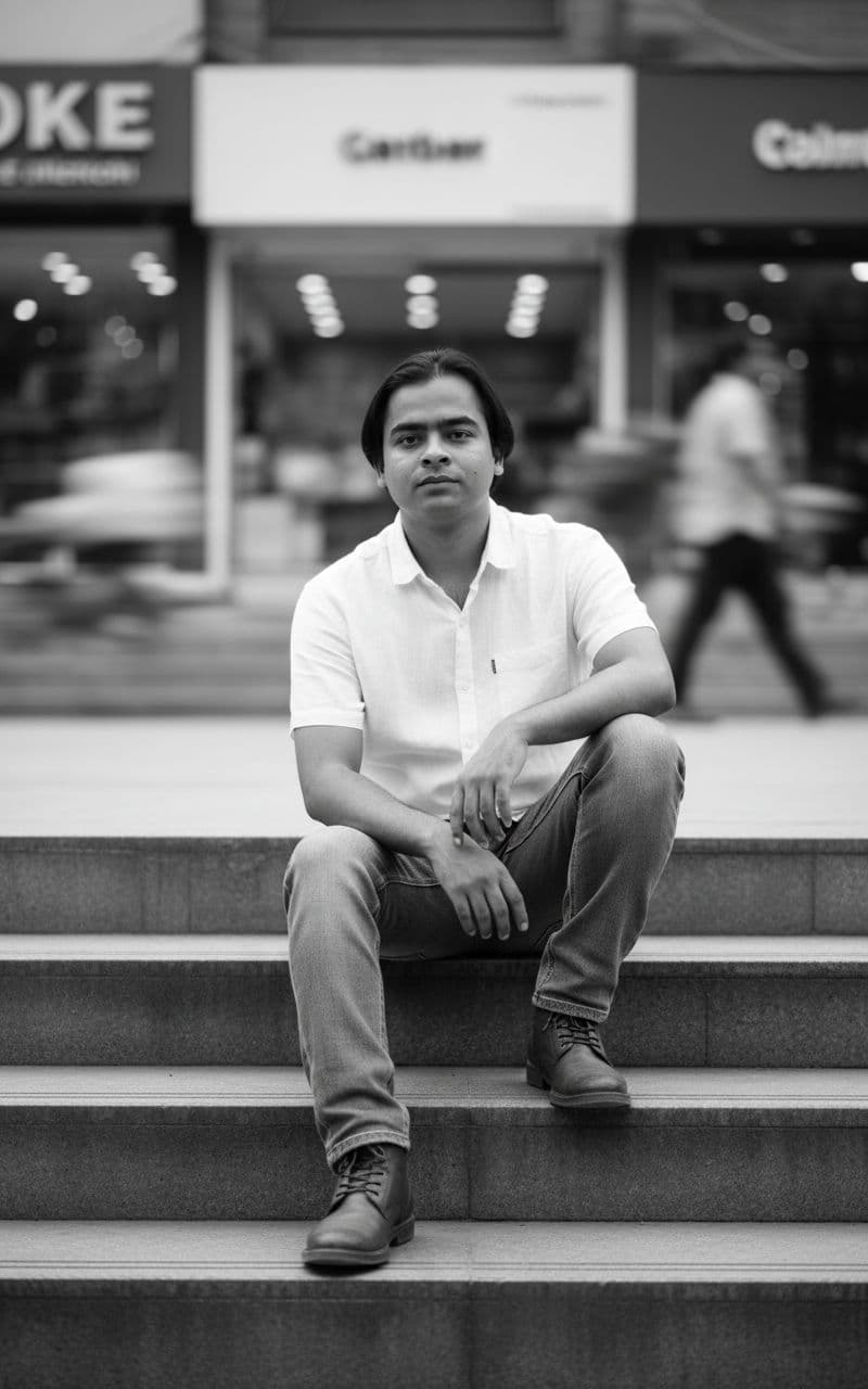 AI generated: Outdoor street-portrait in New Friends Colony CC Market, New Delhi.

A stylish young man (use the ...