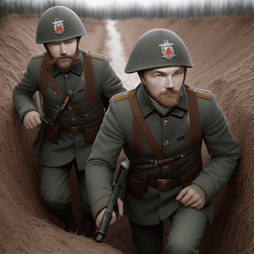 AI generated: "a photo of Espen Aarseth and Martin Pichlmair as Russian soldiers in a trench near Ukraine"