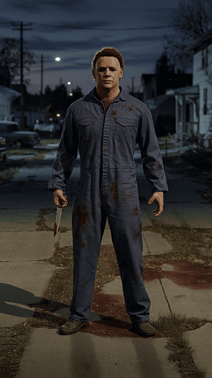 AI generated: “Epic, photorealistic full-body depiction of Michael Myers standing stoically on an abandoned suburb...