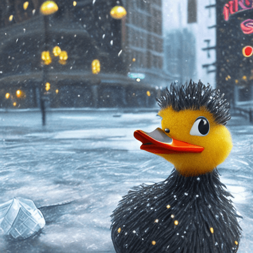 AI generated: Super-HAIRY DUCKIE" masterpiece concept art: A [Super-HAIRY DUCKIE] open poised amidst a frozen city...