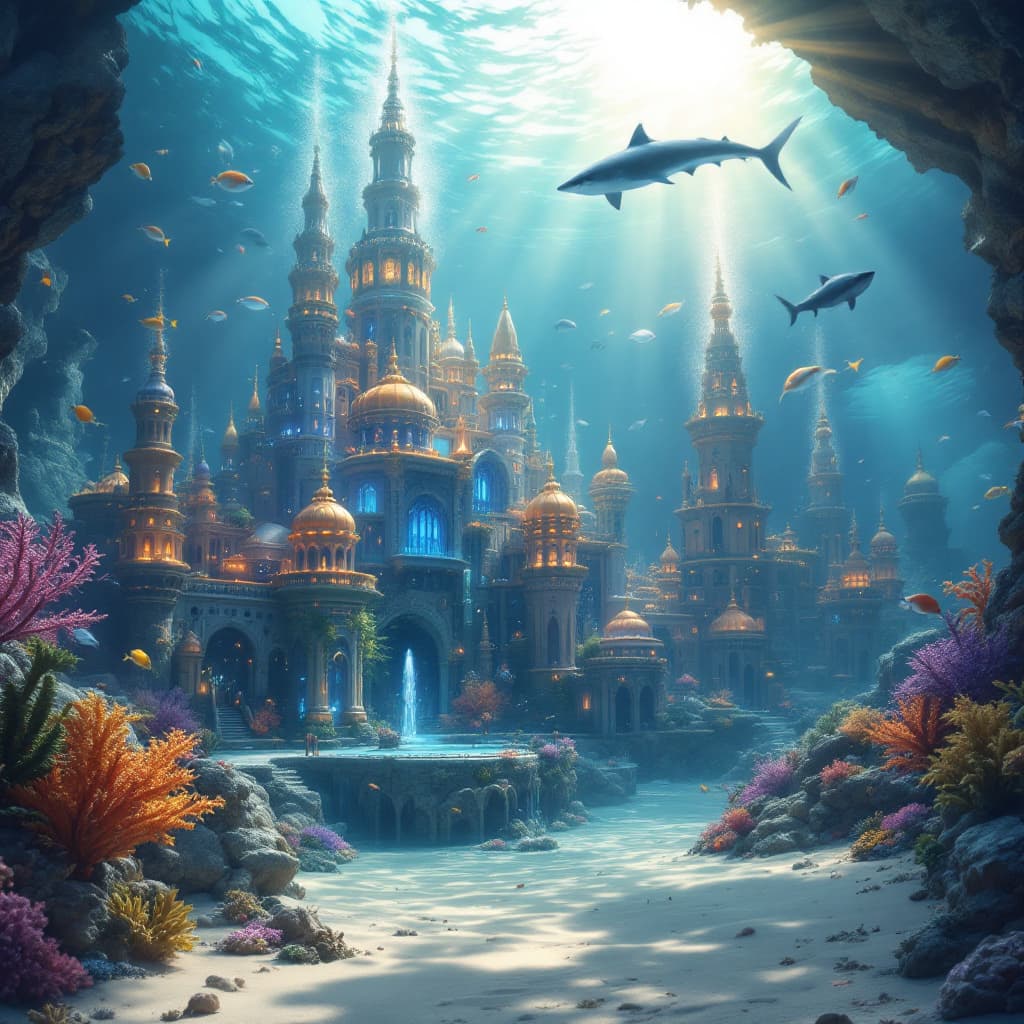 AI generated: A super realistic, breathtaking underwater city, glowing with bioluminescent lights, featuring intri...