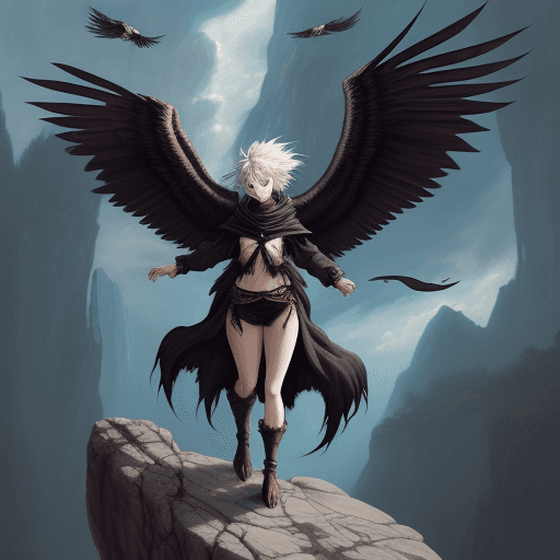 AI generated: fantasy Anime style painting, women with vulture wings flying above a rock, grim face, claw feet, we...