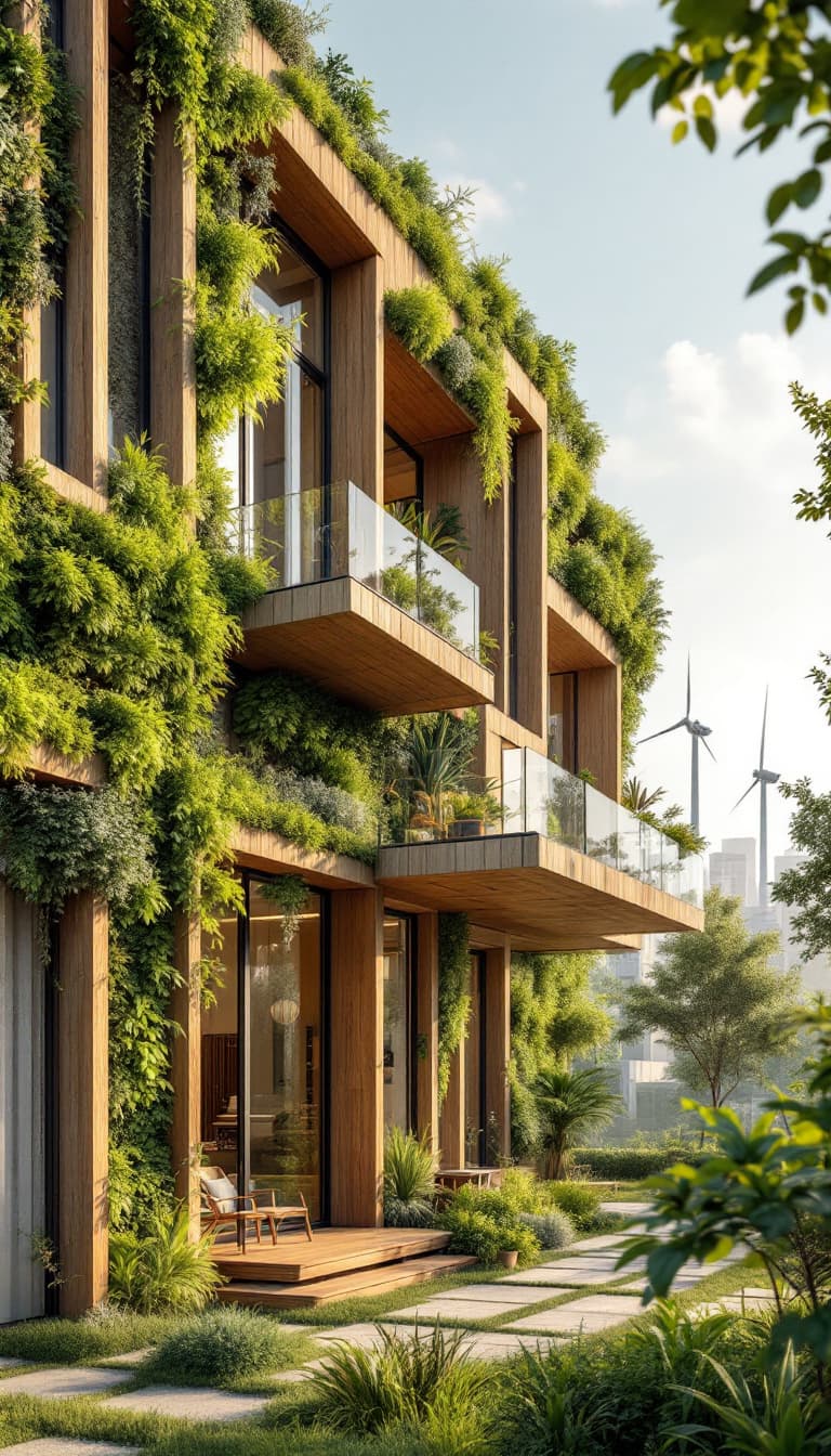 AI generated: Eco-friendly building, reclaimed wood accents, living green walls, bamboo flooring, low-carbon concr...