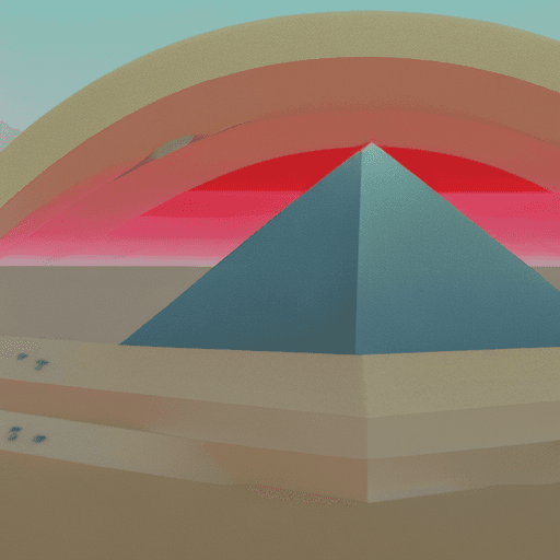 AI generated: white ancient pyramid in a beige desert, red sky, retro futuristic, cyberpunk colored vegetation, hy...