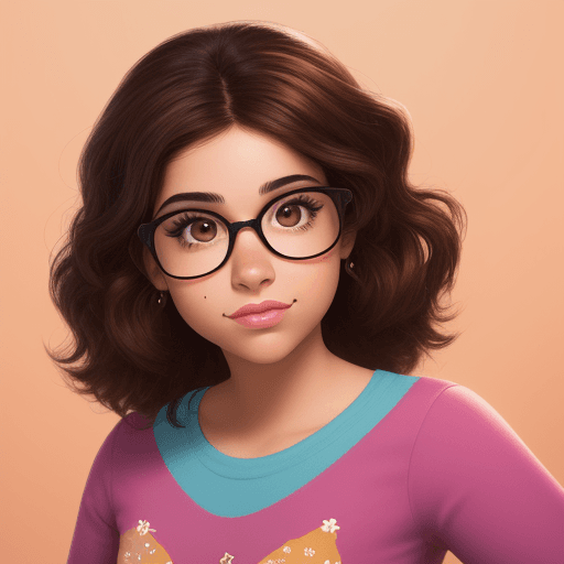 AI generated: Disney pixar inspired image of a young hispanic woman. She has roundish glasses. Brown hair and brow...