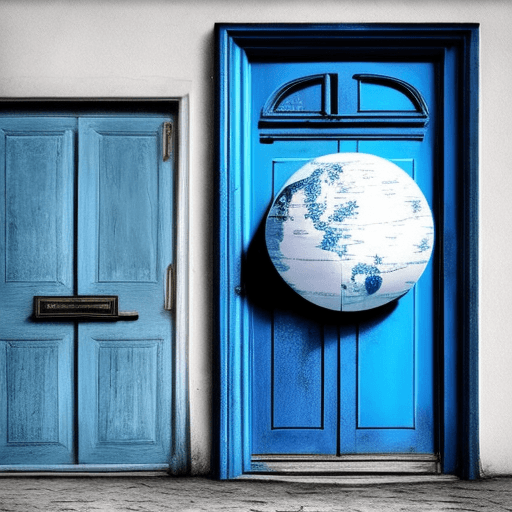 AI generated: a blue door in a colorless globe. surreal. color splash art with the door.