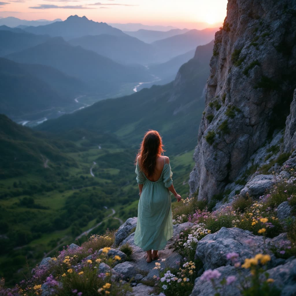 AI generated: An image of a a lady in a loose green dress high up near the peak of a mountain. The environment is ...