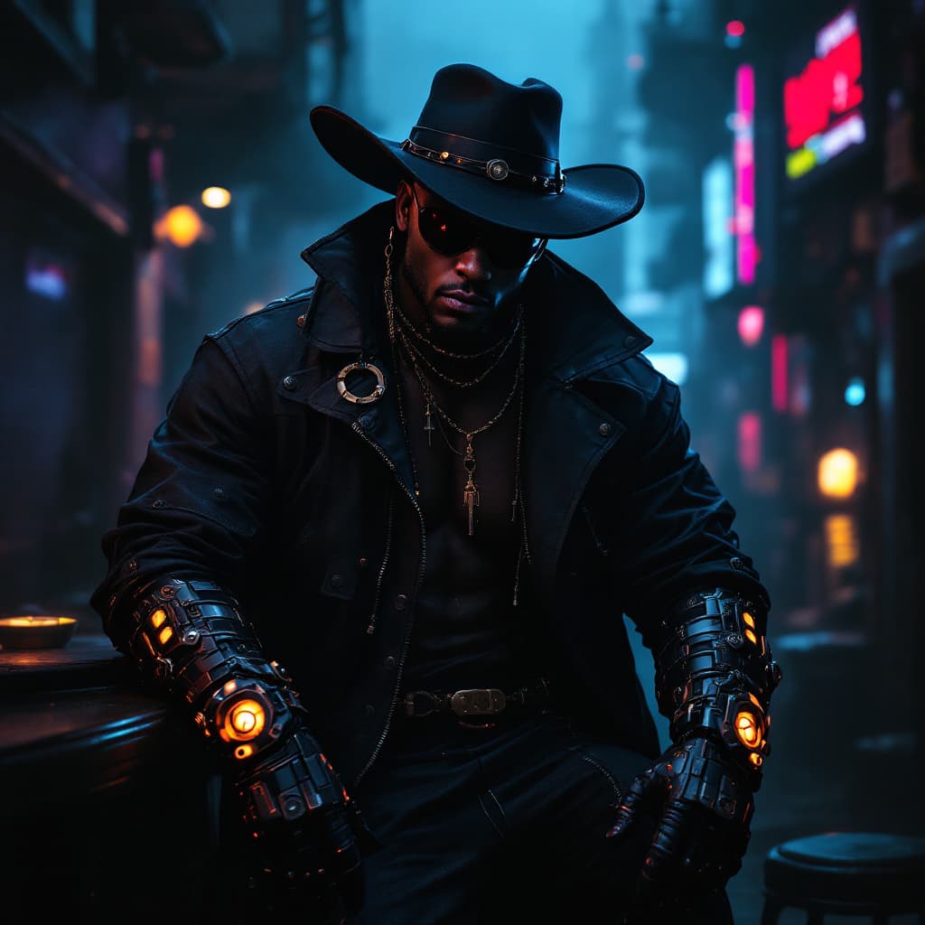 AI generated: photo of a black muscular african mercenarie with cyberlimbs, cyber arms, black mantle jacket, hat, ...