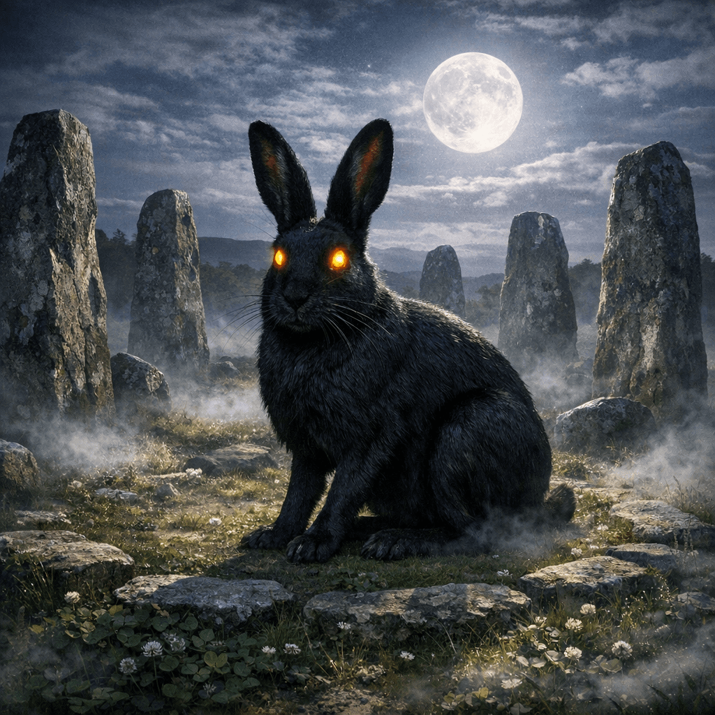 AI generated: large black hare sitting in ancient stone circle, glowing amber eyes, moonlight casting long shadows...