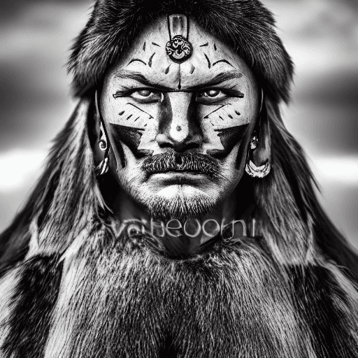 AI generated: portrait photo  of a russian old warrior chief,  tribal panther make up, blue on red, side profile, ...
