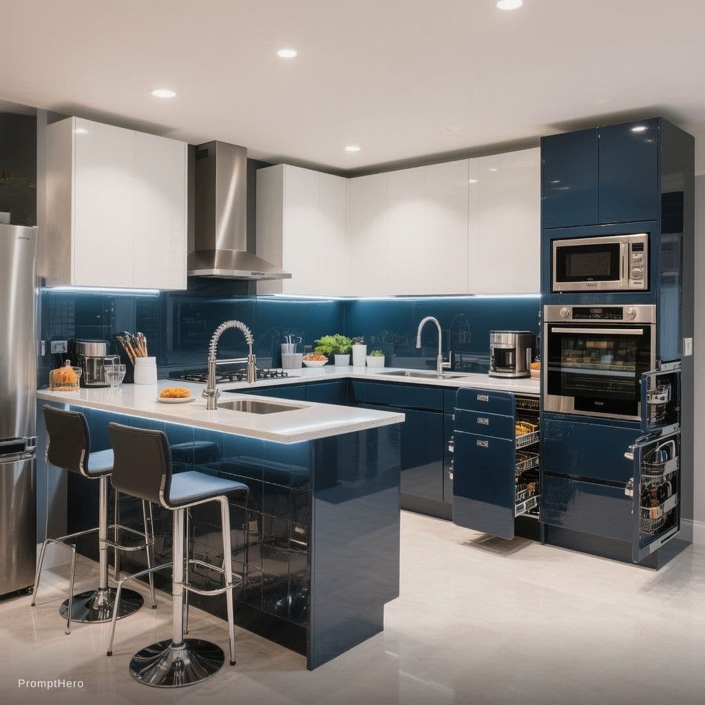 AI generated: Modern modular kitchen in a 3 BHK apartment, glossy midnight blue and white finish, handle-less shut...