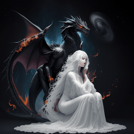 AI generated: a black dragon covers a woman with its wings. whom she loves, a beautiful witch, she is in white clo...