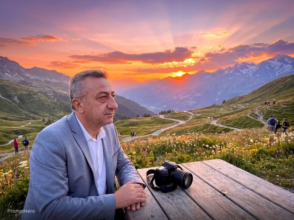 AI generated: Beautiful sunset over the mountain with this person watching in the valley