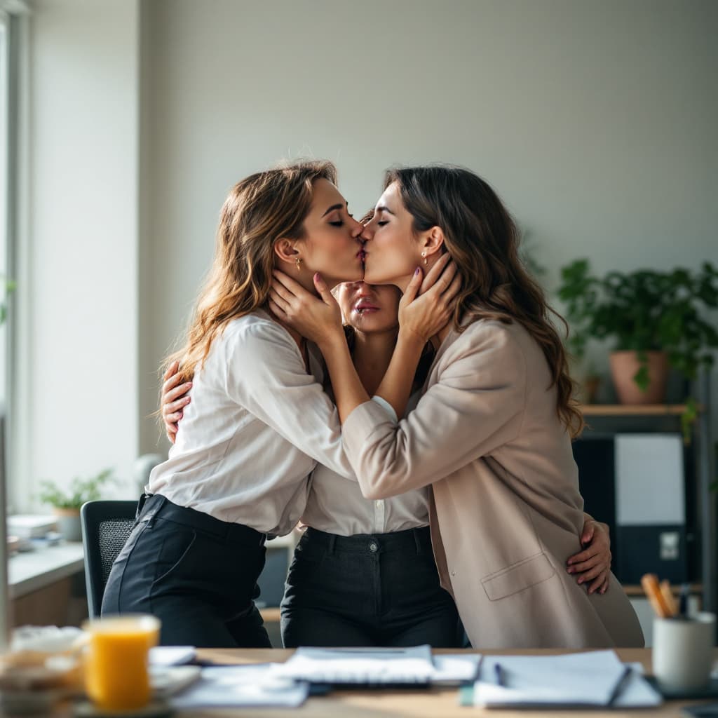 AI generated: Three lesbian women sharing a passionate kiss in an office, standing by a desk. One woman holds the ...