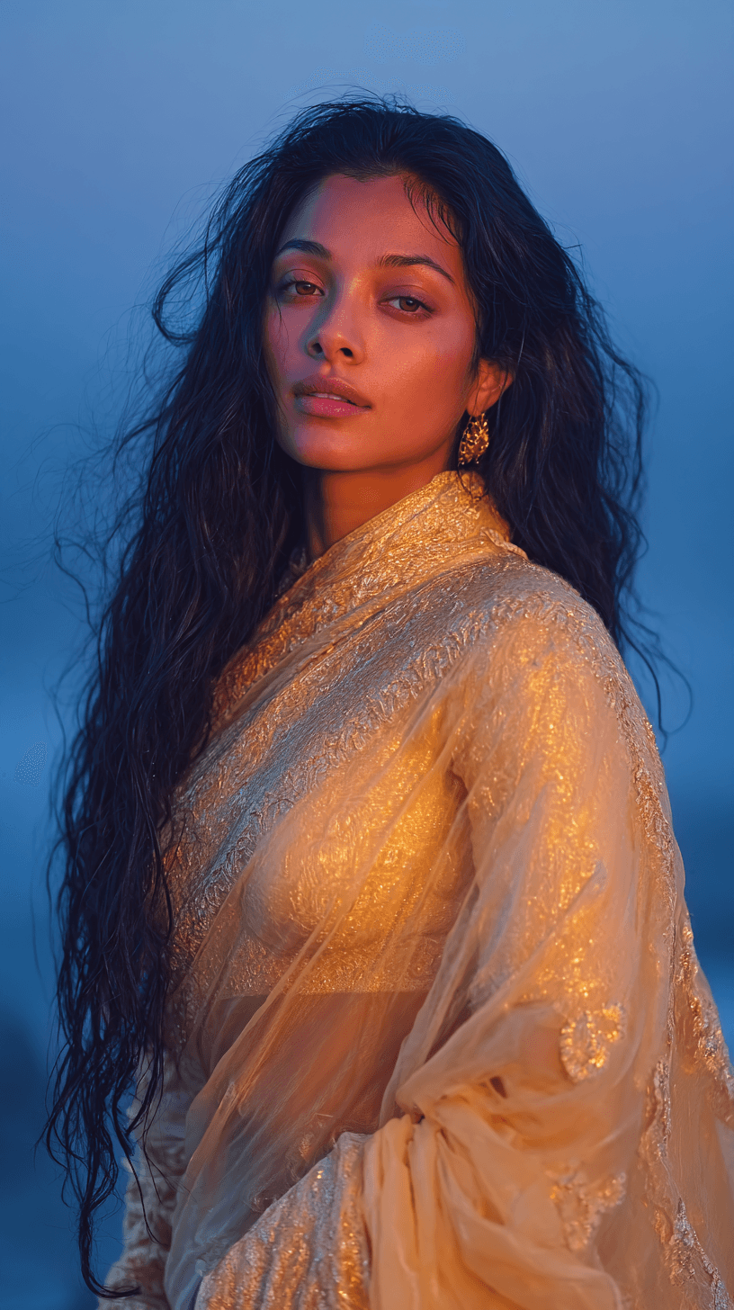AI generated: A hyperrealistic breathtakingly beautiful Indian woman— her form radiating celestial grace. She stan...