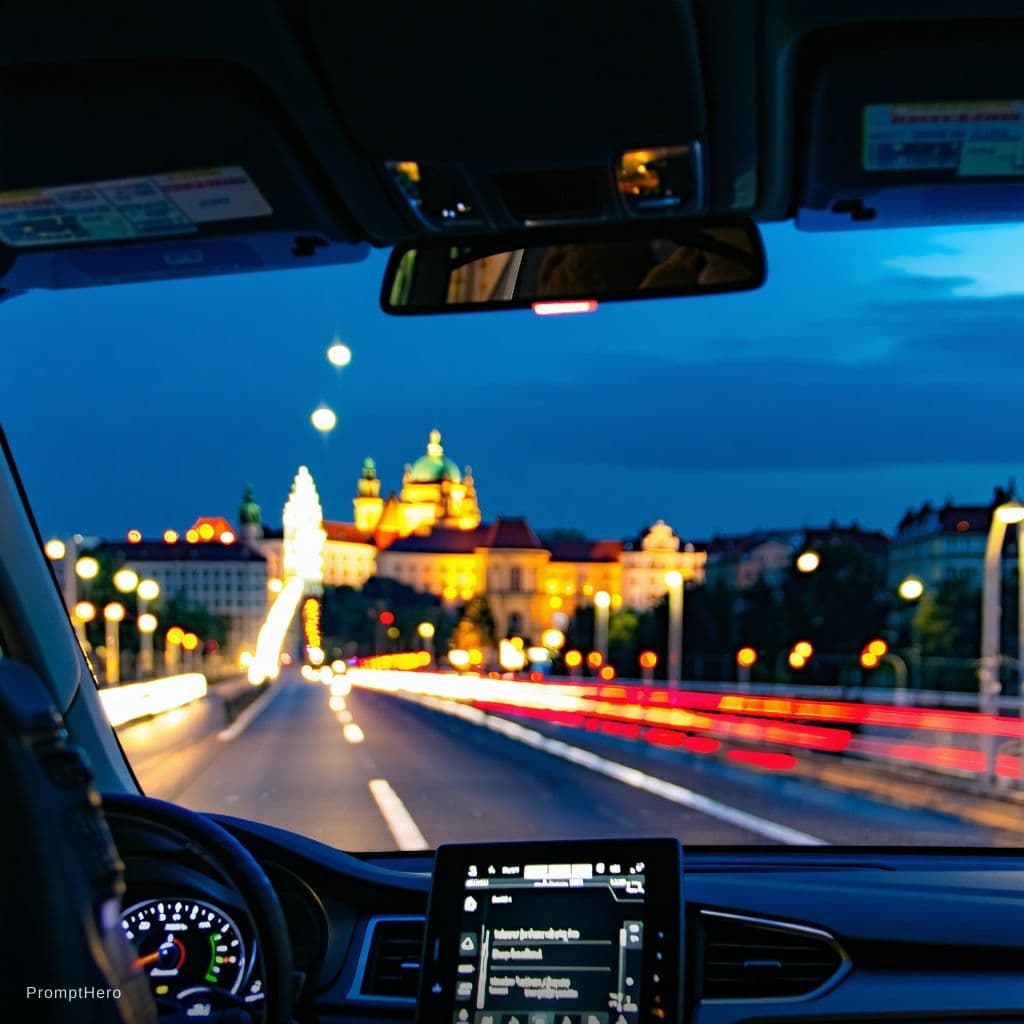 AI generated: Night-time Prague lights up as we cruise through the city in our honda city 2018