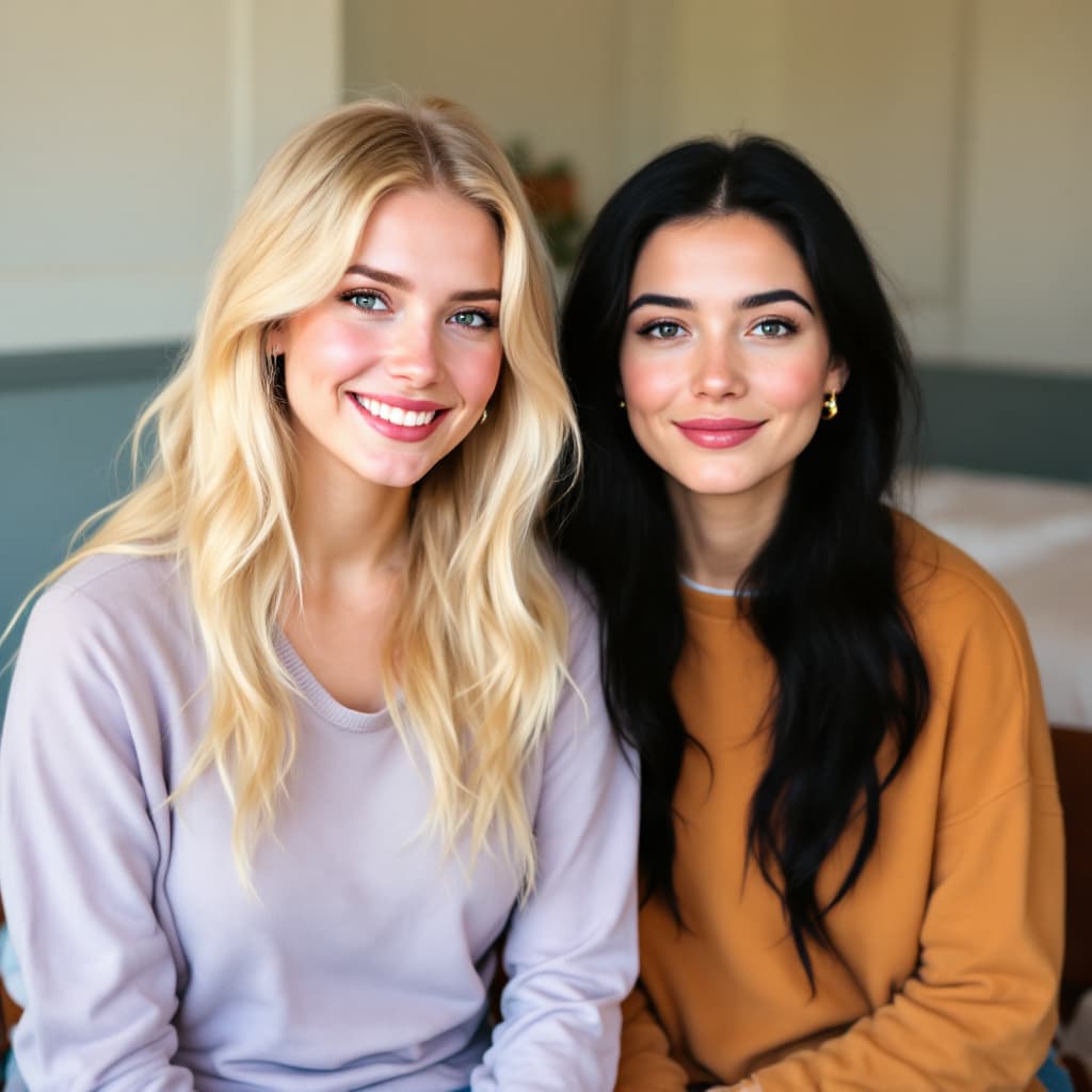 AI generated: A women with blonde hair and angelic face shape. sits next to a women with black hair and a round fa...