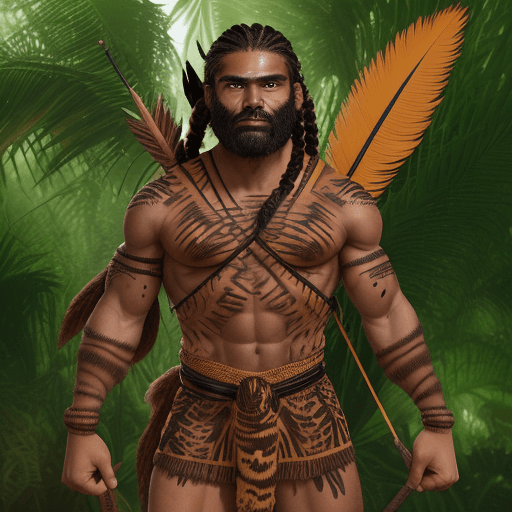 AI generated: He is a taned Amazon jungle warrior and toned man, with pronounced facial features and a determined ...