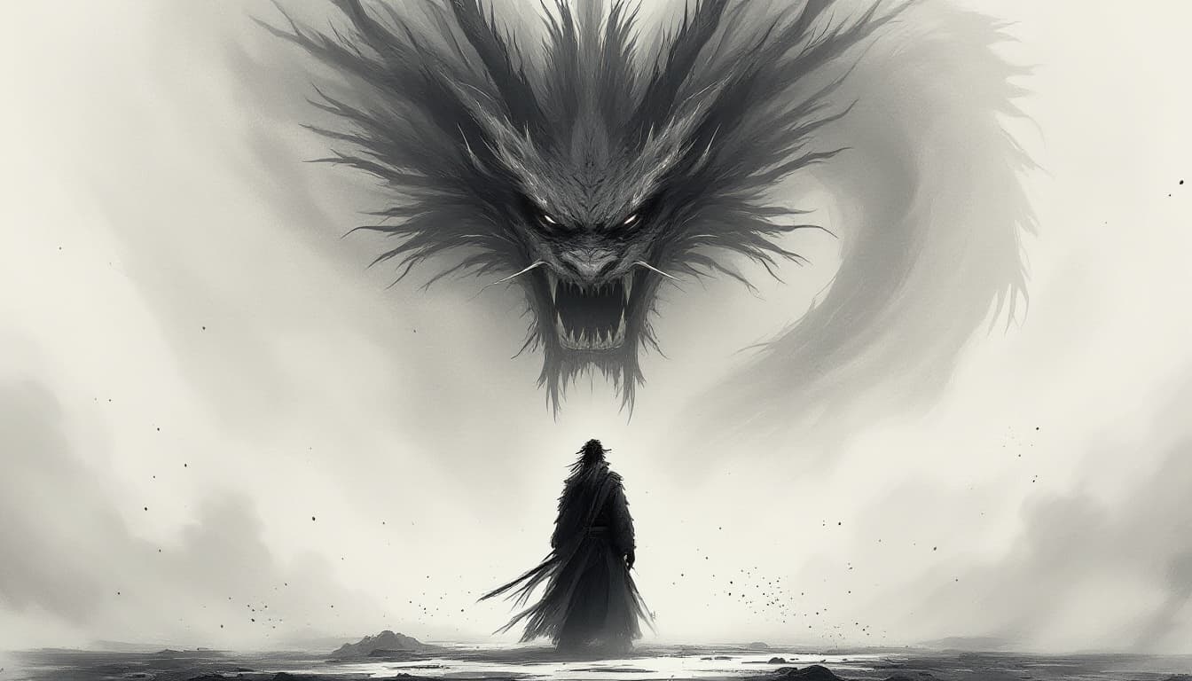 AI generated: japanese samurai in front of a dragon, in the style of minimalist ink wash, 2d game art, witchcore, ...