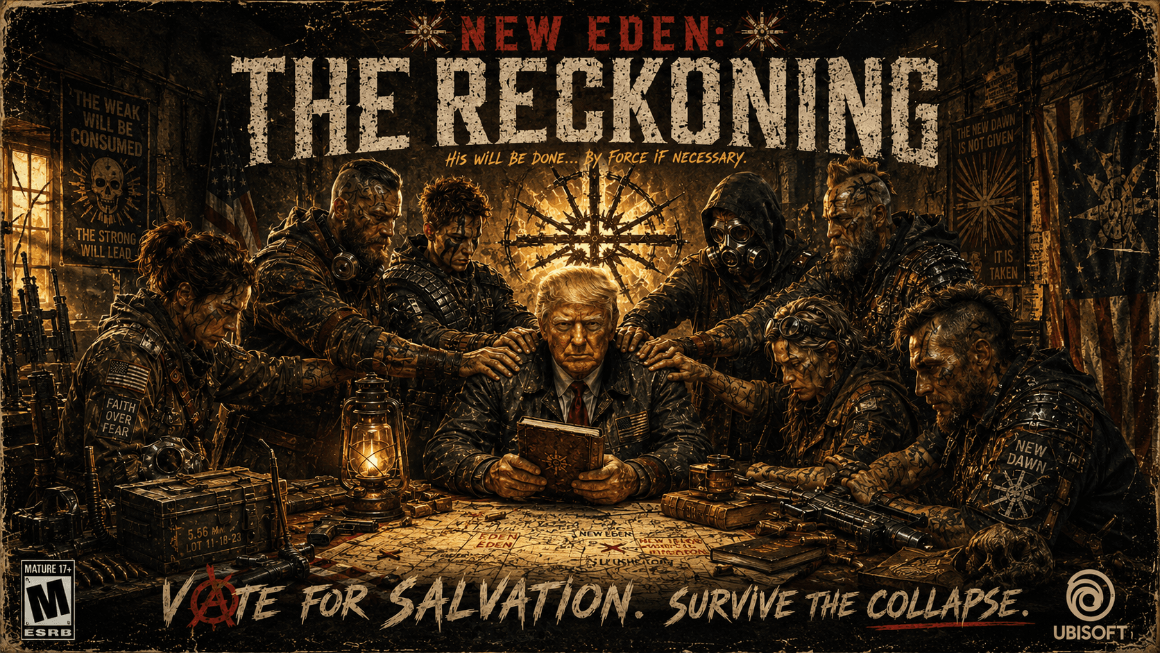 AI generated: Gritty Fictional Post-Apocalyptic Political Poster: "THE LAYING OF THE HANDS" (FAR CRY Style) Scene ...