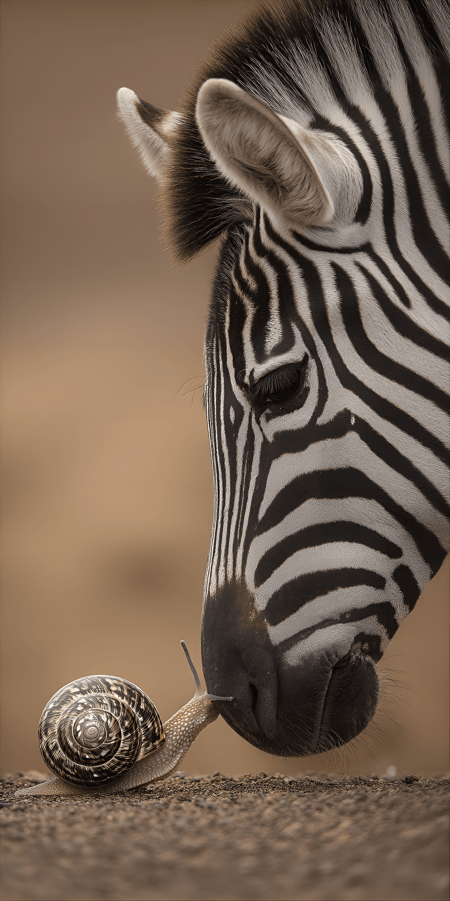 AI generated: close-up photograph showcasing an unexpected interaction between a zebra and a snail. The head and n...