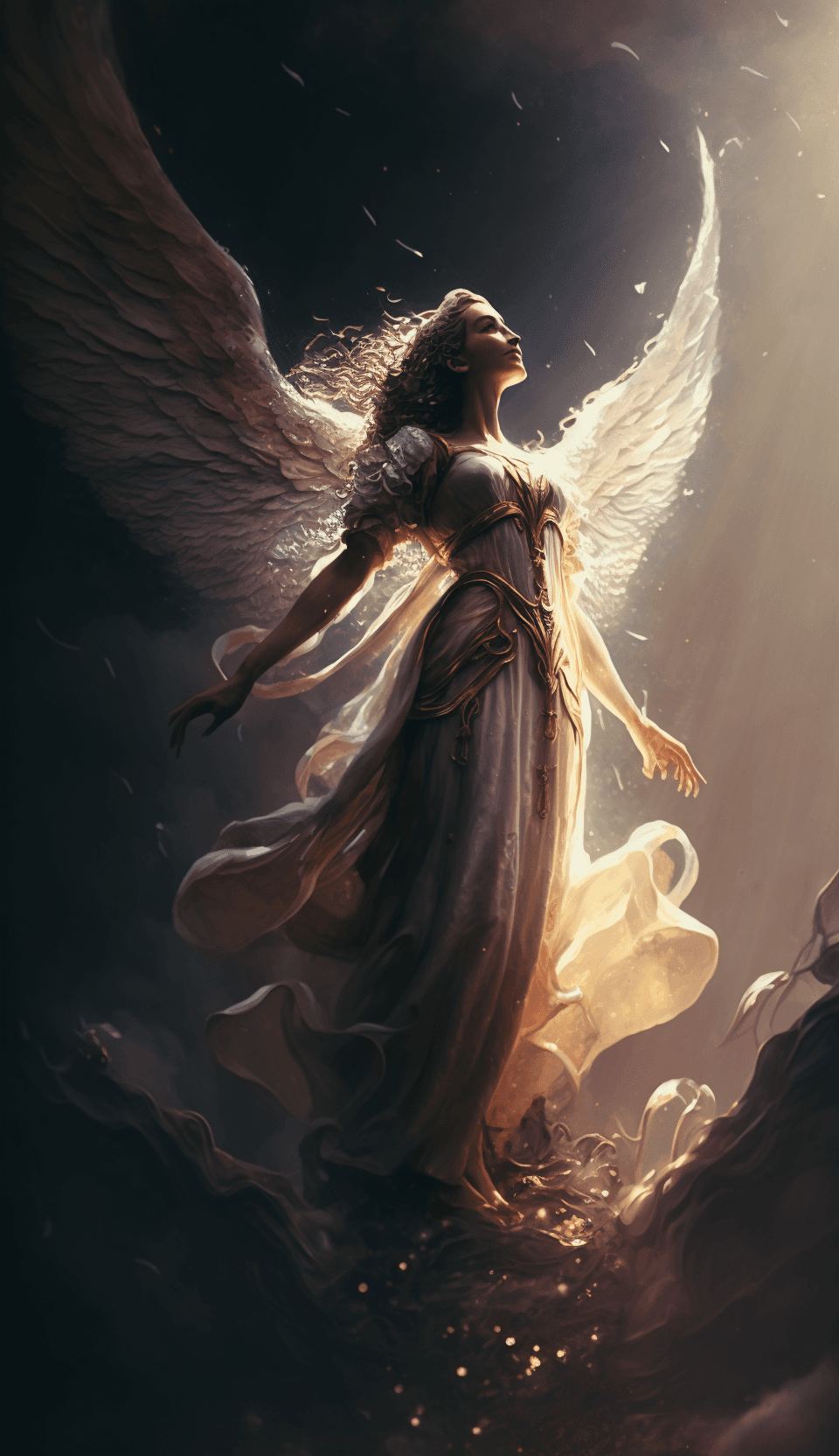 AI generated: angel female figure in heaven, lots of small details, above, epic photography, natural light, photor...