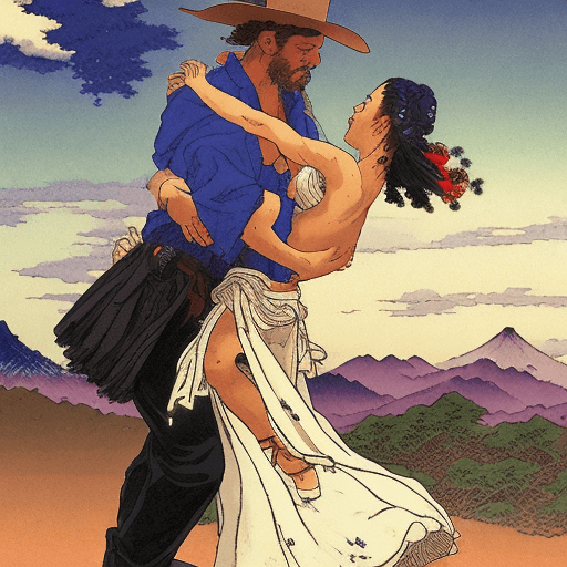 AI generated: man and woman salsa dancing in a wild west landscape, hokusai aesthetic, fake studio lighting