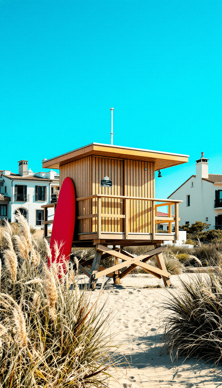 AI generated: A vertical composition of a stylish beachside lifeguard post, constructed with wooden slats in a min...