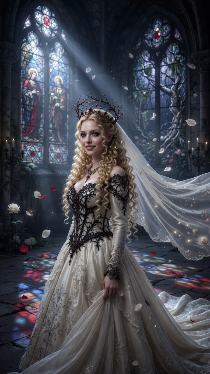 AI generated: "Photorealistic portrait of an immortal vampire queen bride standing in a majestic moonlit gothic ca...